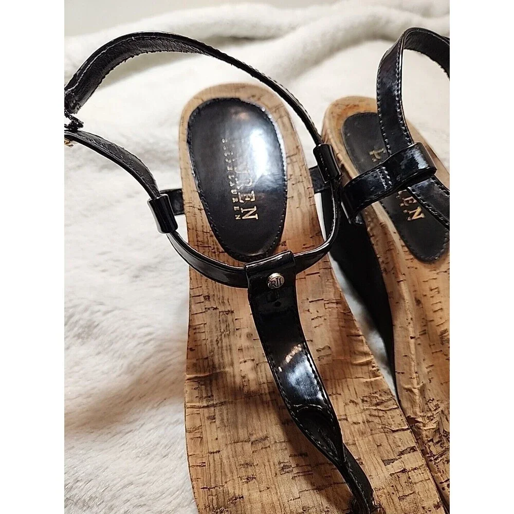 Lauren Ralph Lauren LRL Leather T strap Thong Wedge Rosalia Sandals Womens‎ 8 B